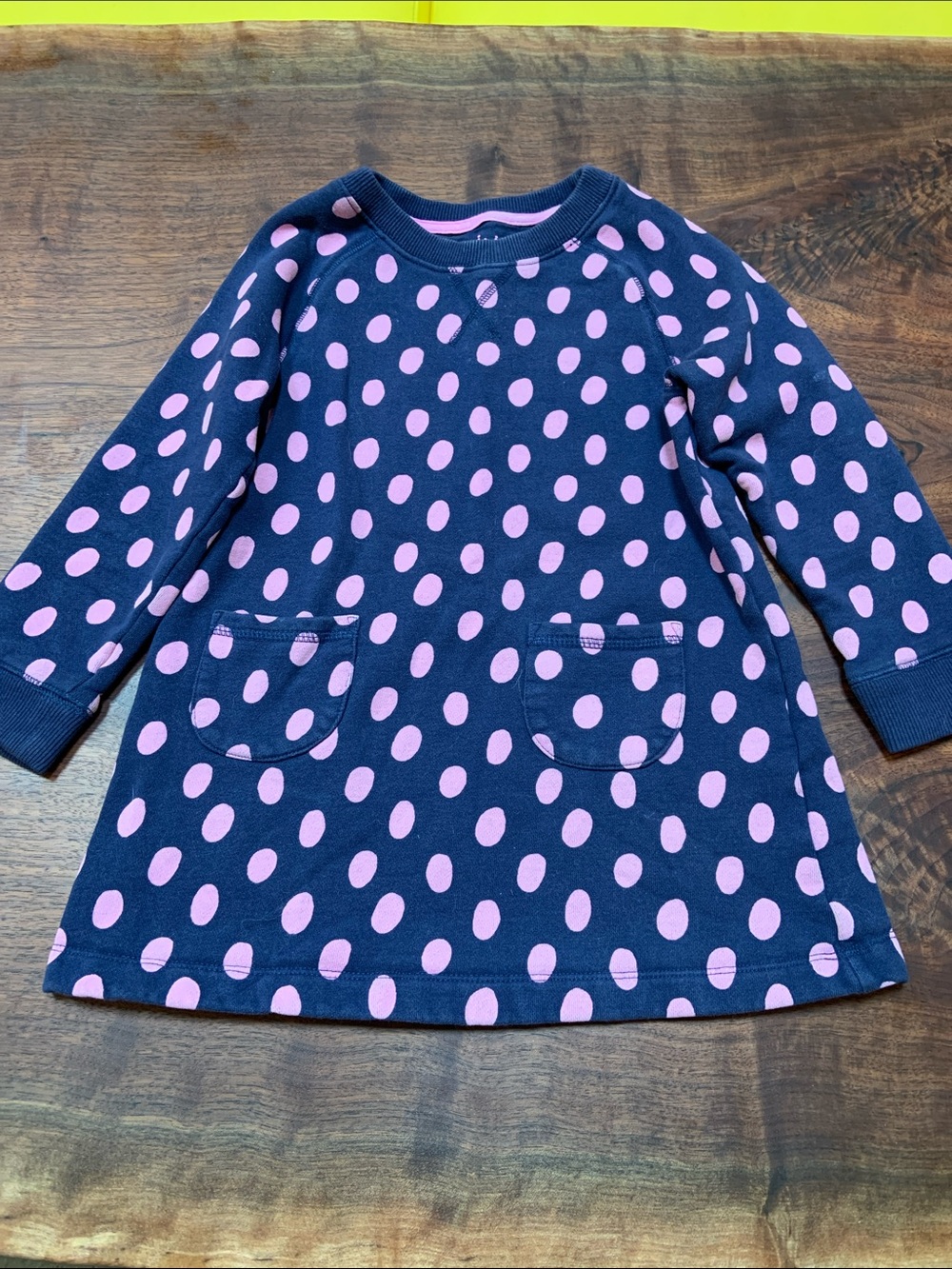 Girls Mini Boden Navy Sweatshirt Dress w/ Pink Polka Dots - 4-5Y - Like New